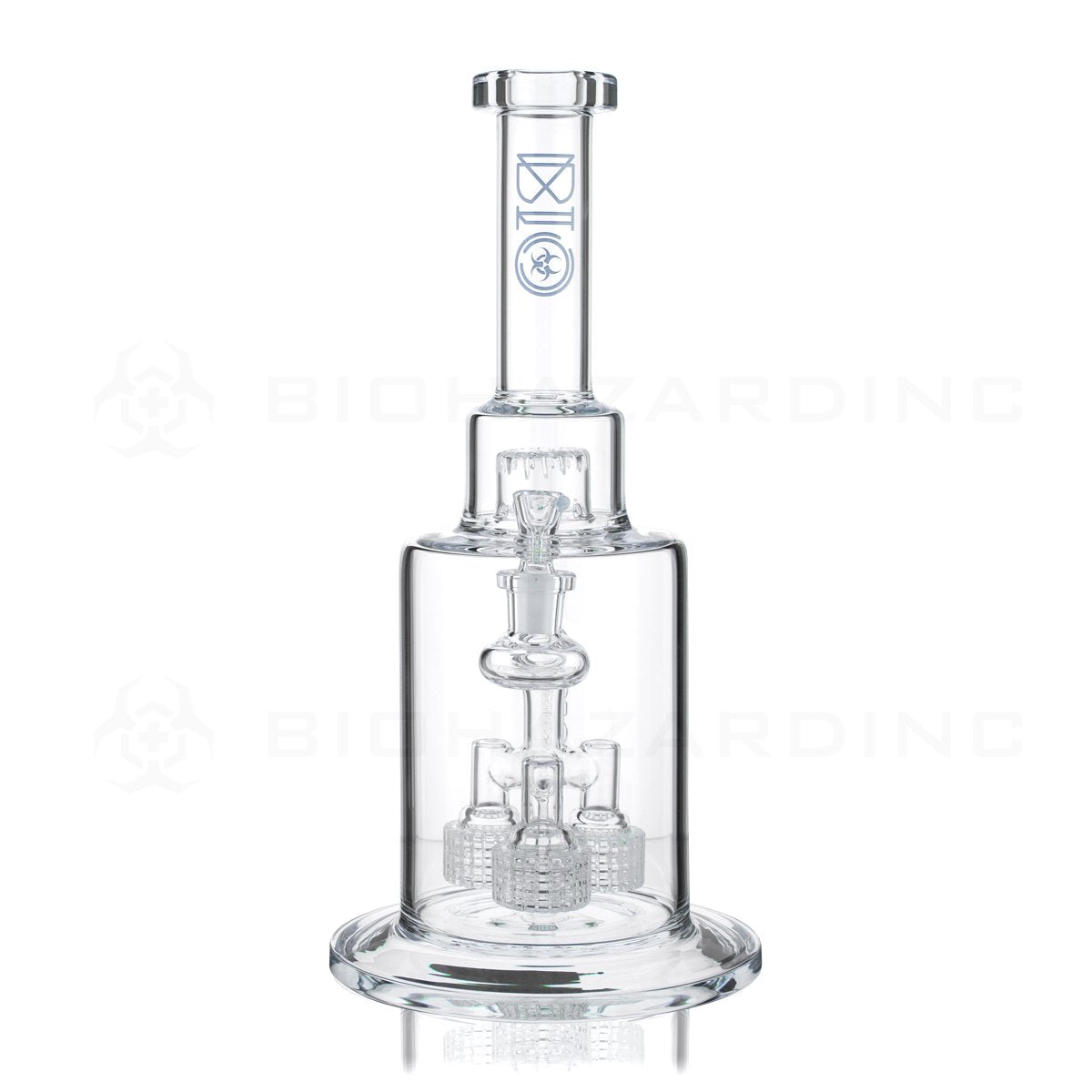 BIO Glass | 14" Triple Grid Perc Stemless Waterpipe with Splashguard | Blue Logo