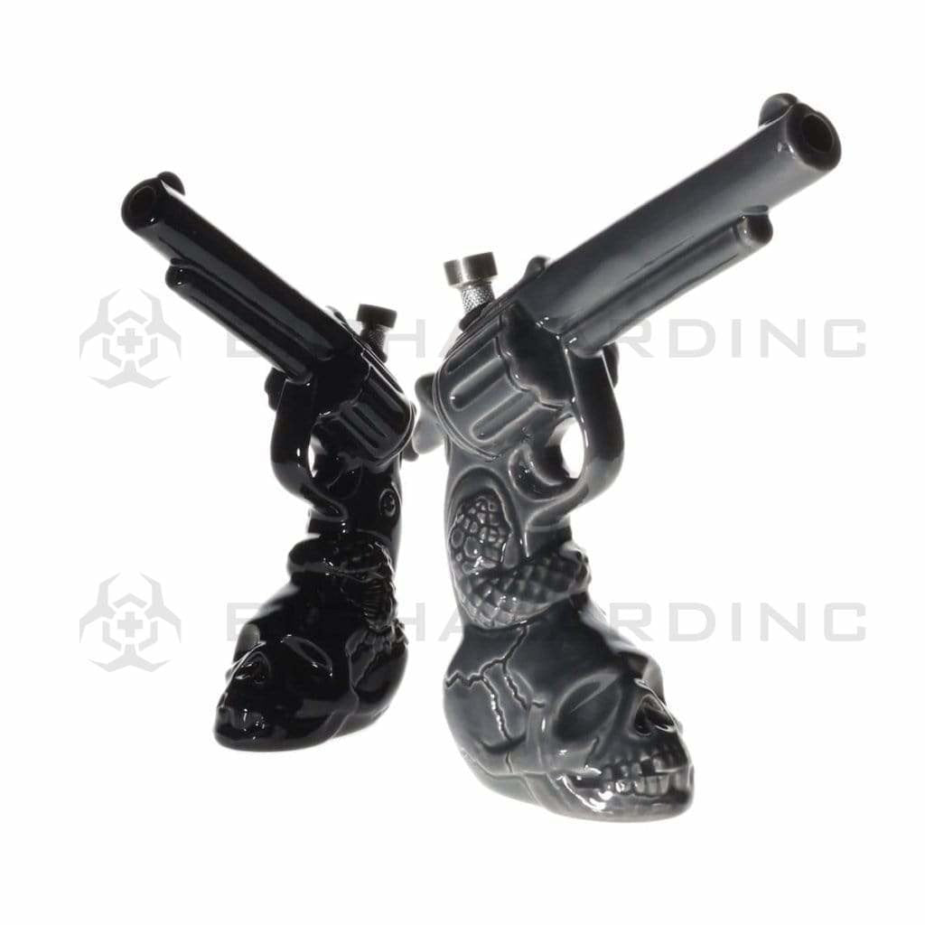 Biohazard Inc Ceramic Bong 10" Revolver With Skull Base Ceramic Waterpipe - Assorted Colors