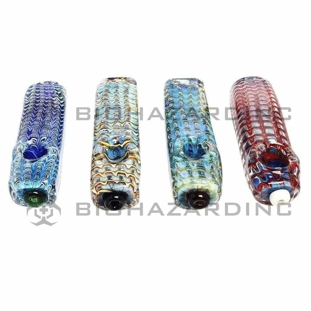 Biohazard Inc Glass Hand Pipe 4" Blue Heavy w/ Assorted Color Web Hand Pipe