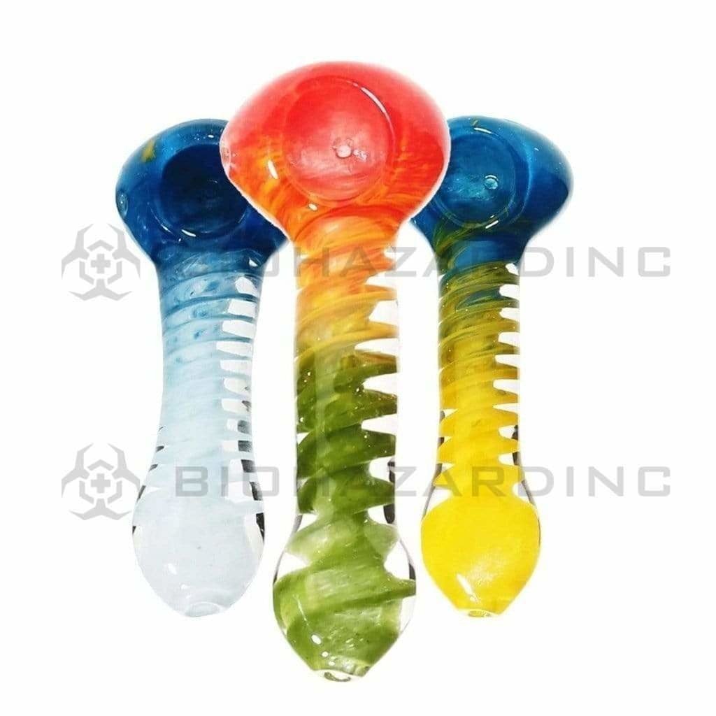 Biohazard Inc Glass Hand Pipe 4" Hand Pipe w/ Assorted Color Frit Spiral
