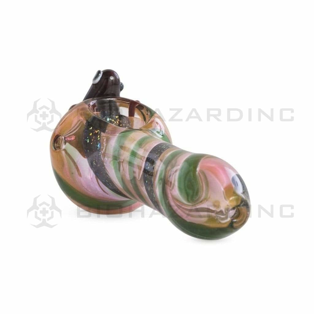 Biohazard Inc Novelty Hand Pipe 5" Fumed Handpipe w/ Dichro Swirl & Frog Design - Assorted Colors