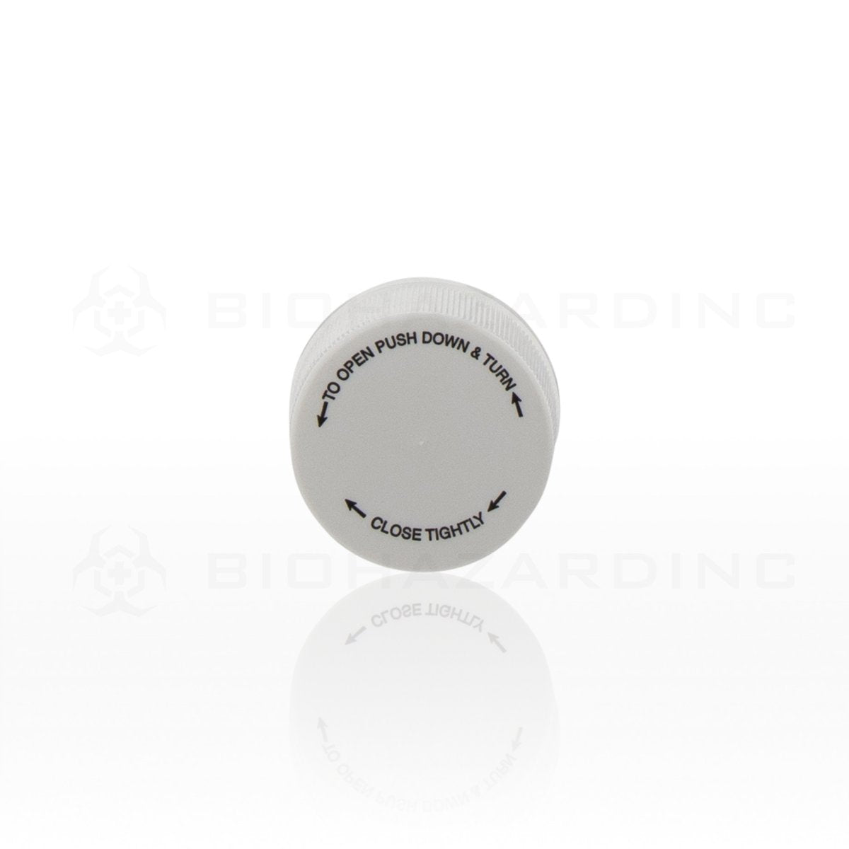 White Plastic Caps with Black Text | 28mm | Child Resistant