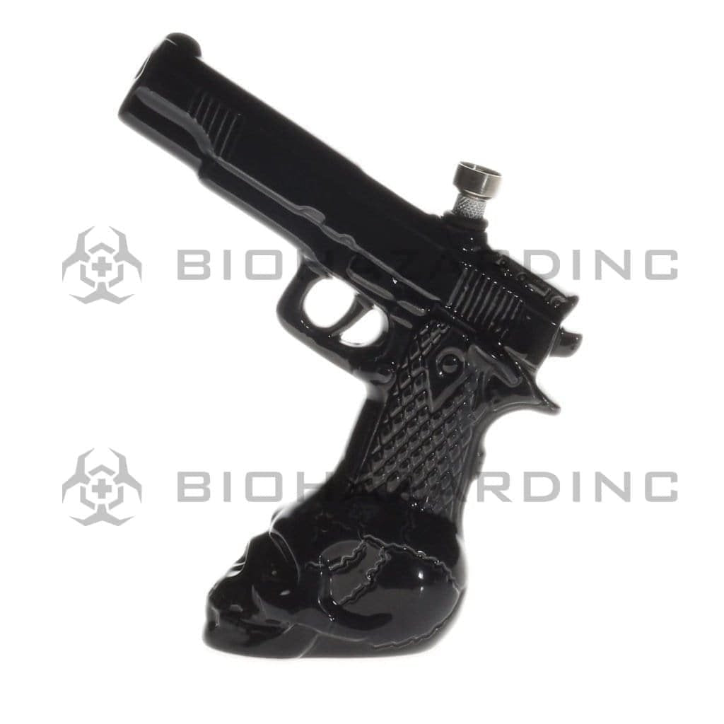 Biohazard Inc Ceramic Bong 8.5" Pistol With Skull Base Ceramic Water Pipe - Assorted Colors