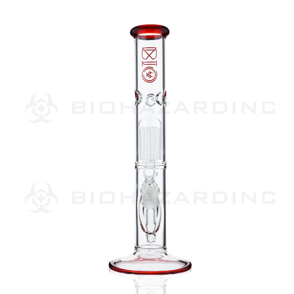 BIO Glass Single Chamber | 14" 50mm x 5mm 10 Arm Tree Perc Straight Water Pipe | Red Elvis Trim