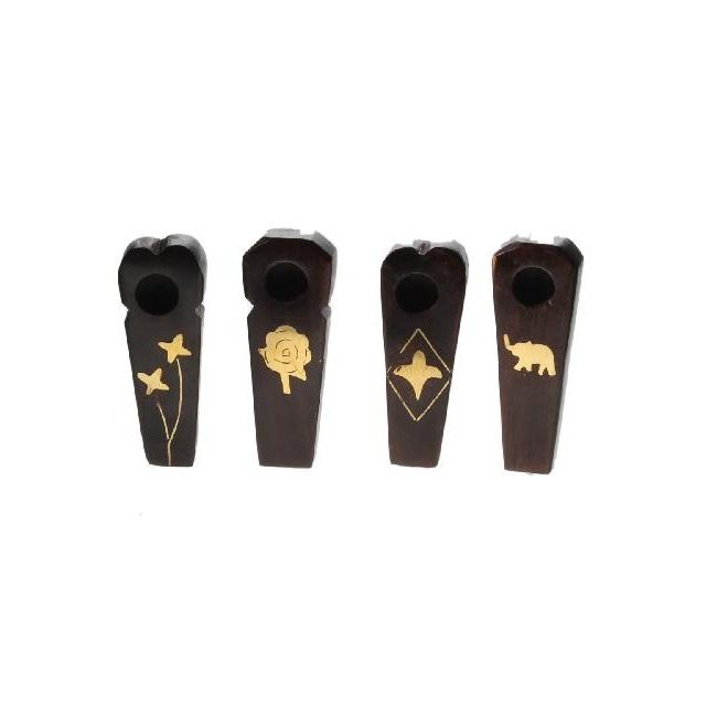 Brass Inlay Wooden Hand Pipe | 4 inch | Assorted Designs, 10 Pack