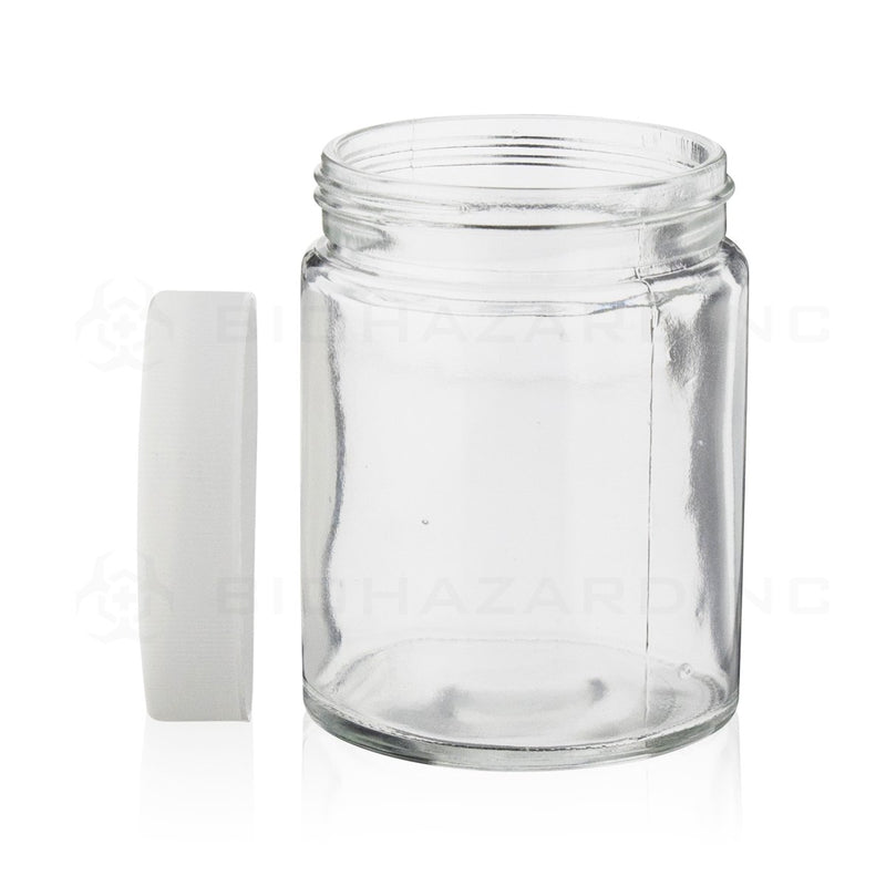 18 oz Clear Glass Jars with Matte White Ribbed Plastic Caps | Straight Sided | 24 Count