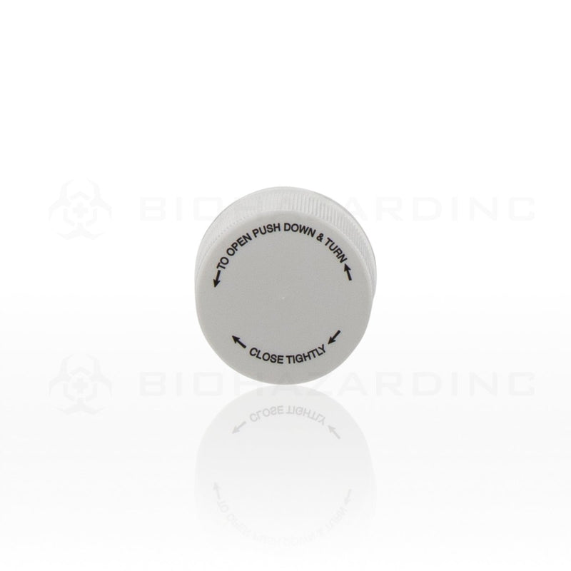 White Plastic Caps with Black Text | 28mm | Child Resistant