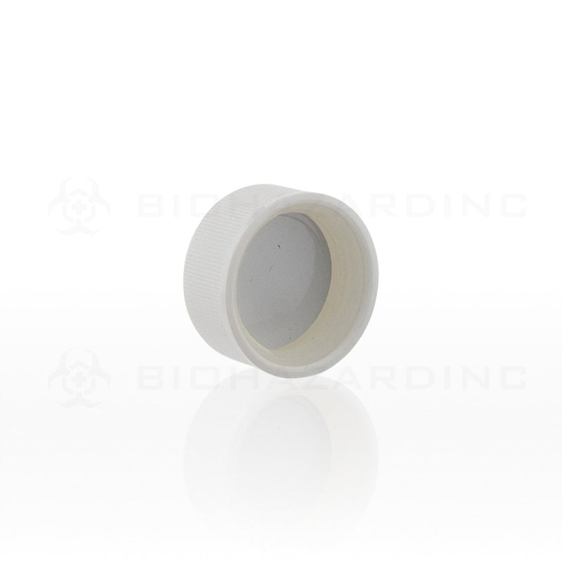 White Plastic Caps with Black Text | 28mm | Child Resistant