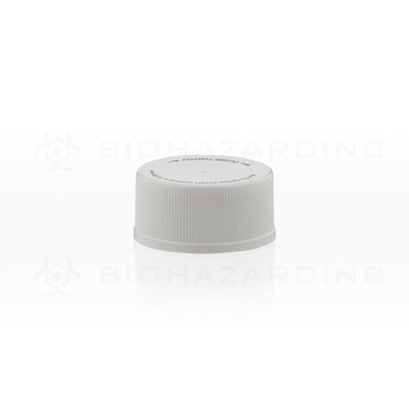 White Plastic Caps with Black Text | 28mm | Child Resistant