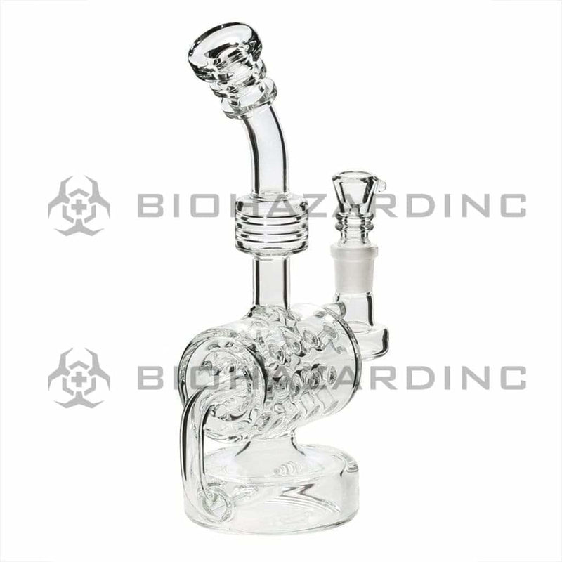 Bio Glass Glass Dab Rig 8" BIO Inline Puck Fluted Thorn Barrel Water Pipe - Clear with Silver Logo