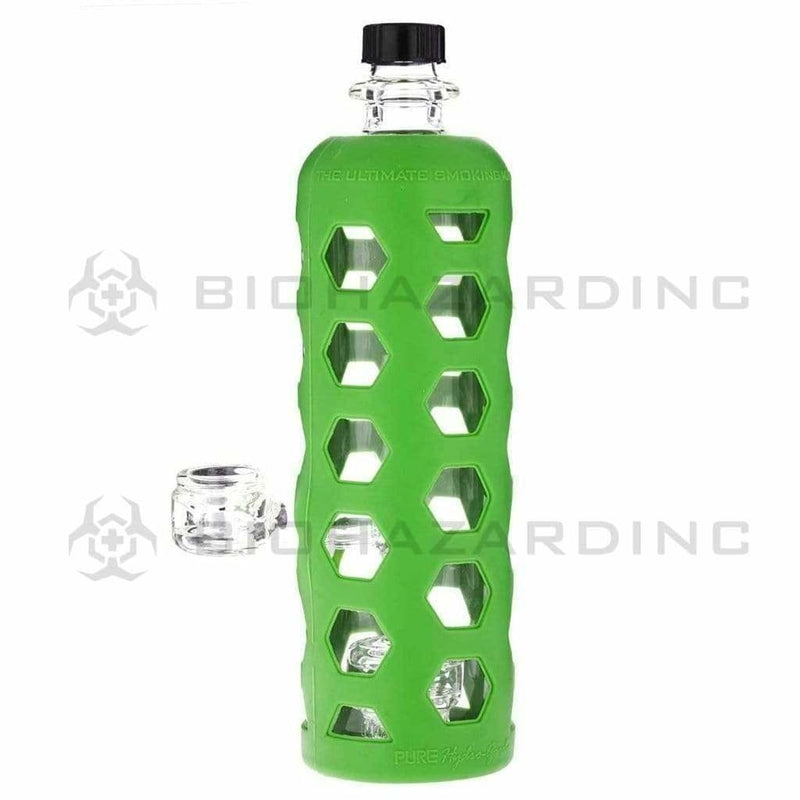 Pure Glass Glass Bong 9" PURE Water Bottle w/ Mini Jellyfish Perc - Green Hydroguard Sleeve