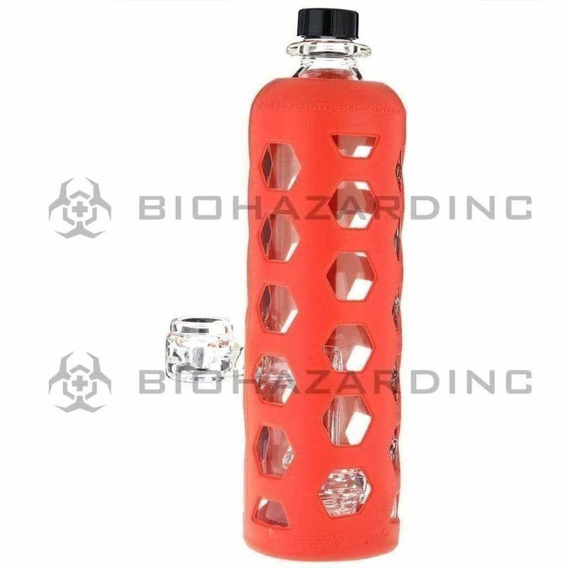 Pure Glass Glass Bong 9" PURE Water Bottle w/ Mini Jellyfish Perc - Red Hydroguard Sleeve