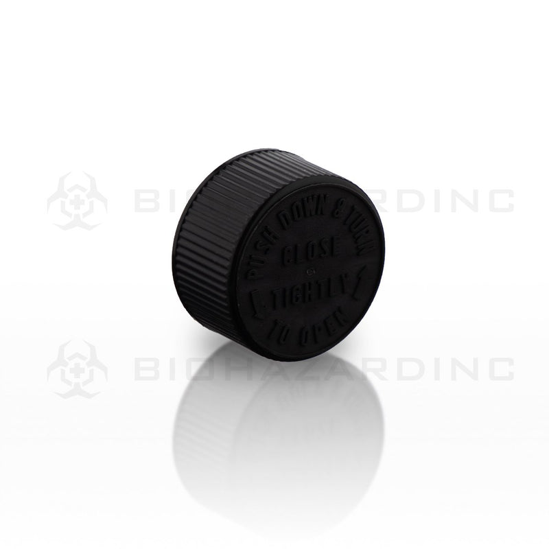 Black Embossed Plastic Caps | 28mm | Child Resistant