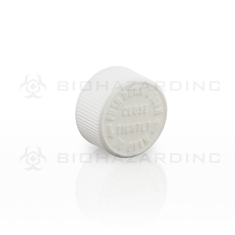 White Embossed Plastic Caps | 28mm | Child-Resistant