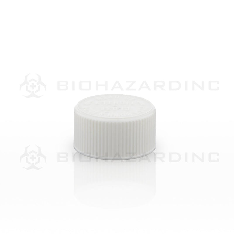 White Embossed Plastic Caps | 28mm | Child-Resistant