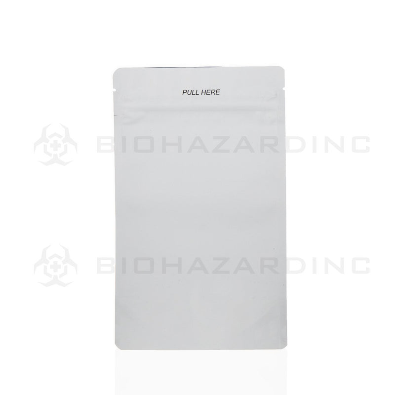 Matte White Mylar Bags | Child Resistant - 14 Grams - 250 Count | 5" x 8" - Tear Notch Precut