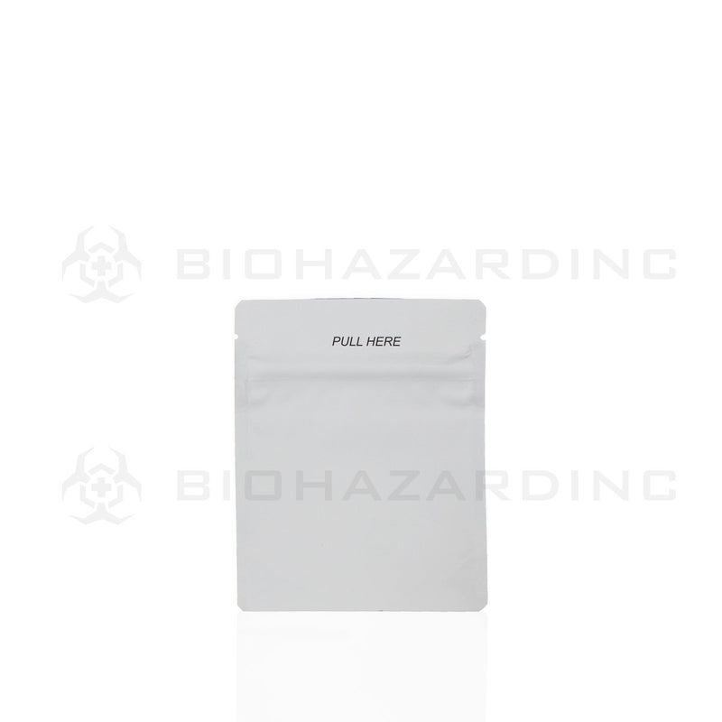 Matte White Mylar Bags | Child Resistant - 3.5 Grams - 2,000 Count | 3.5" x 5" - Tear Notch Precut