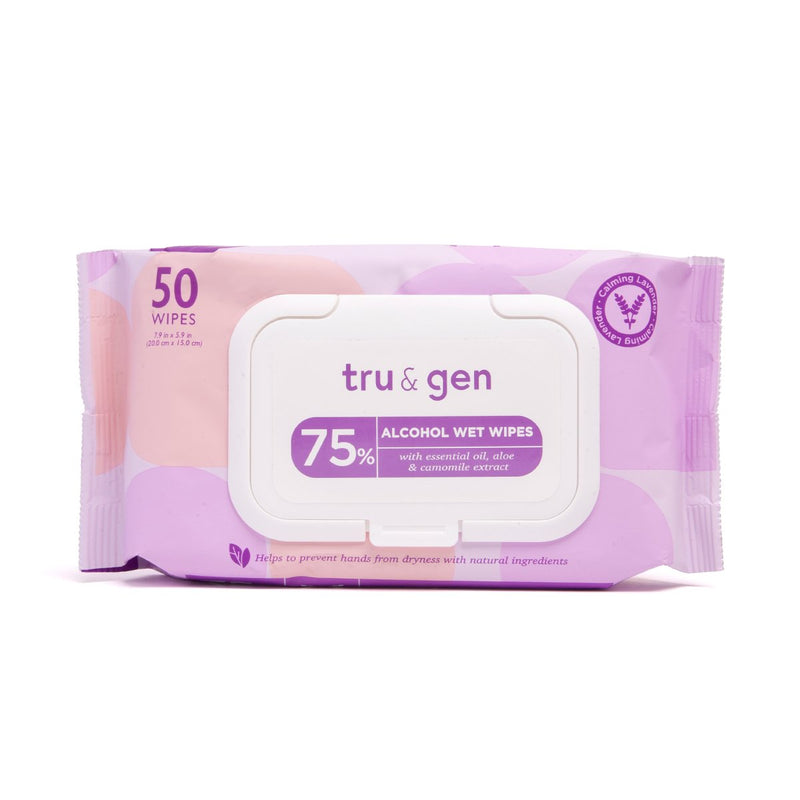 Tru & Gen | 75% Alcohol Wet Wipes | 50 Wipes - Calming Lavender