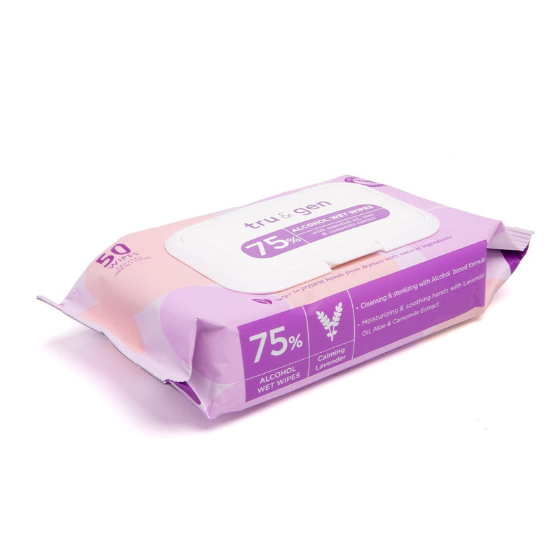 Tru & Gen | 75% Alcohol Wet Wipes | 50 Wipes - Calming Lavender