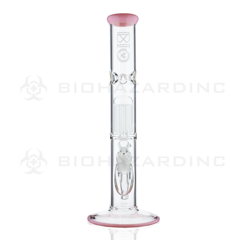 BIO Glass Single Chamber | 14" 50mm x 5mm 10 Arm Tree Perc Straight Water Pipe | Pink Cadillac Trim