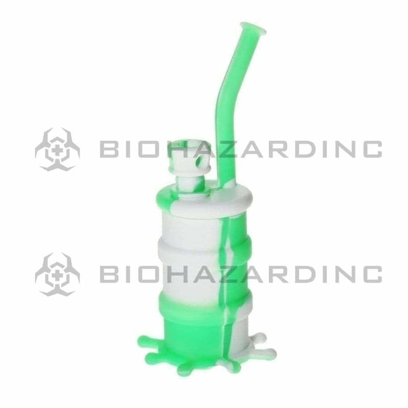 Biohazard Inc Silicone Rig Silicone 8" Bent Neck Small Oil Drum Bubbler - White/Green