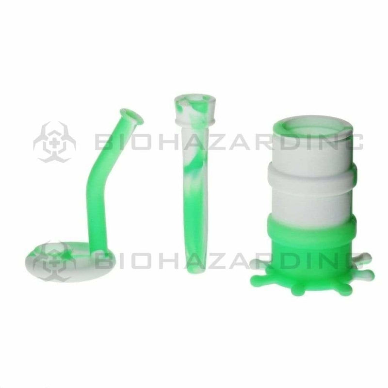 Biohazard Inc Silicone Rig Silicone 8" Bent Neck Small Oil Drum Bubbler - White/Green